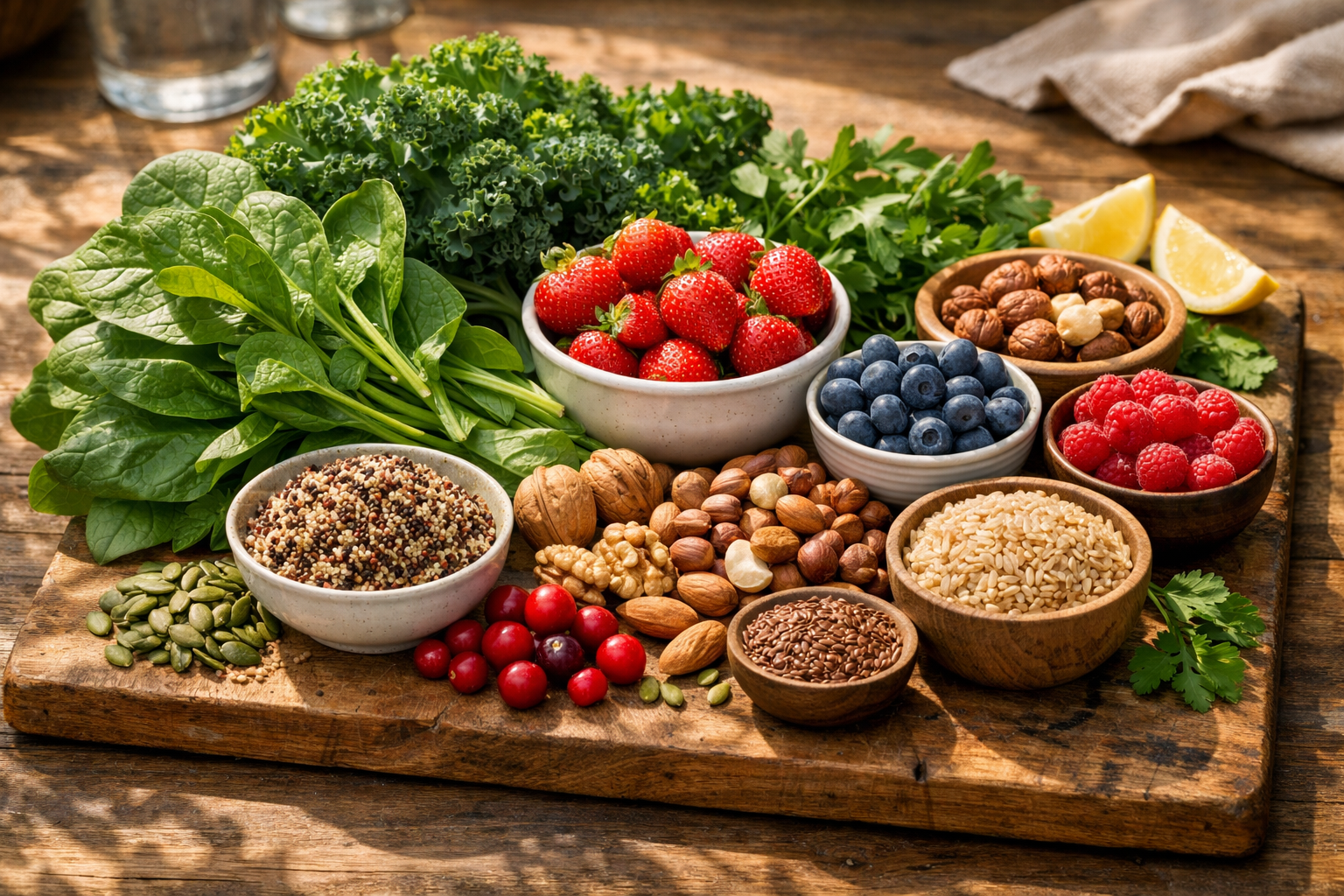 Fresh leafy greens, berries, nuts and whole grains arranged on a wooden cutting board in natural morning light, healthy food composition