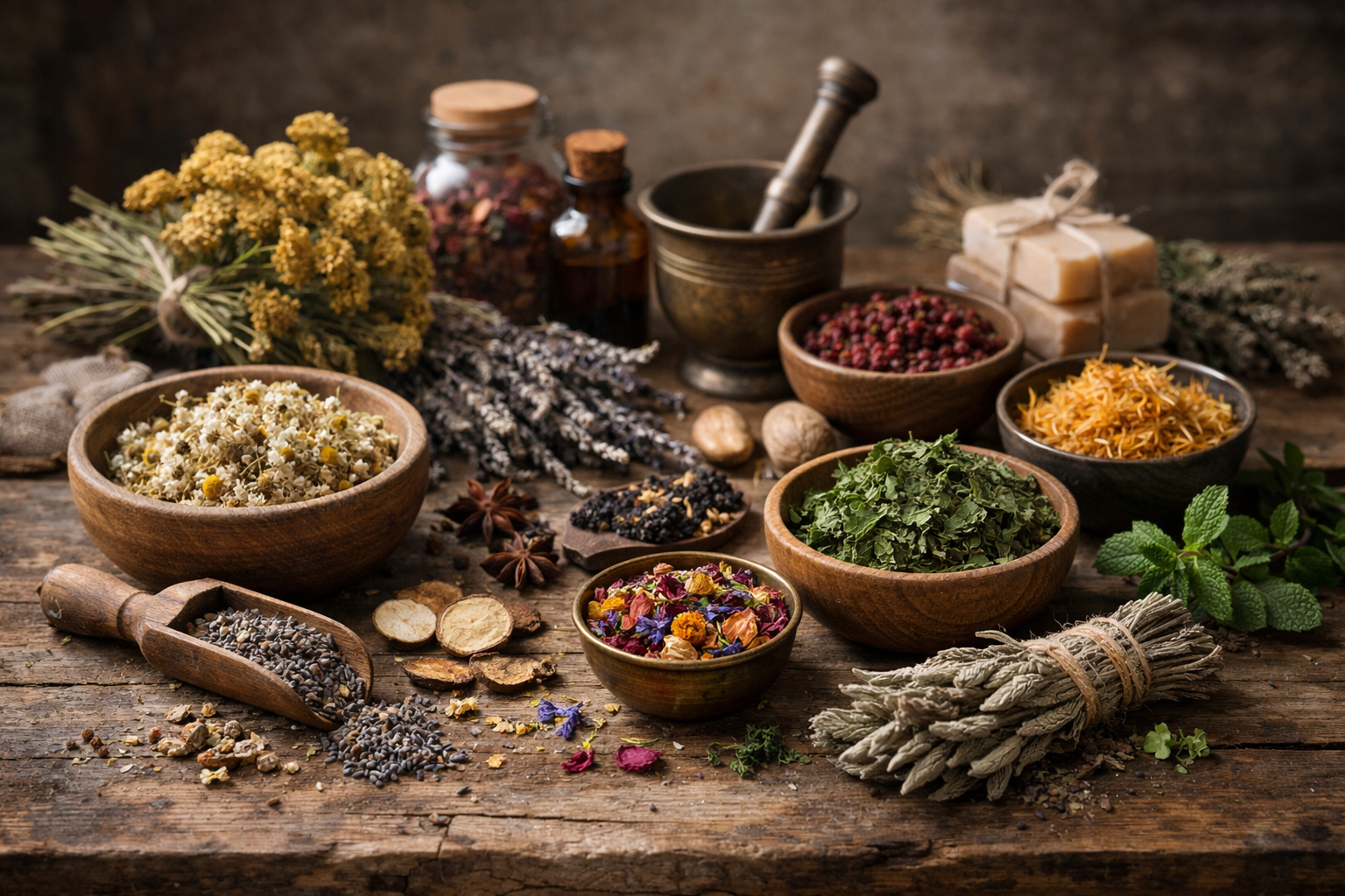 Dried herbs and natural plant ingredients on a rustic wooden table with soft diffused lighting, botanical wellness composition